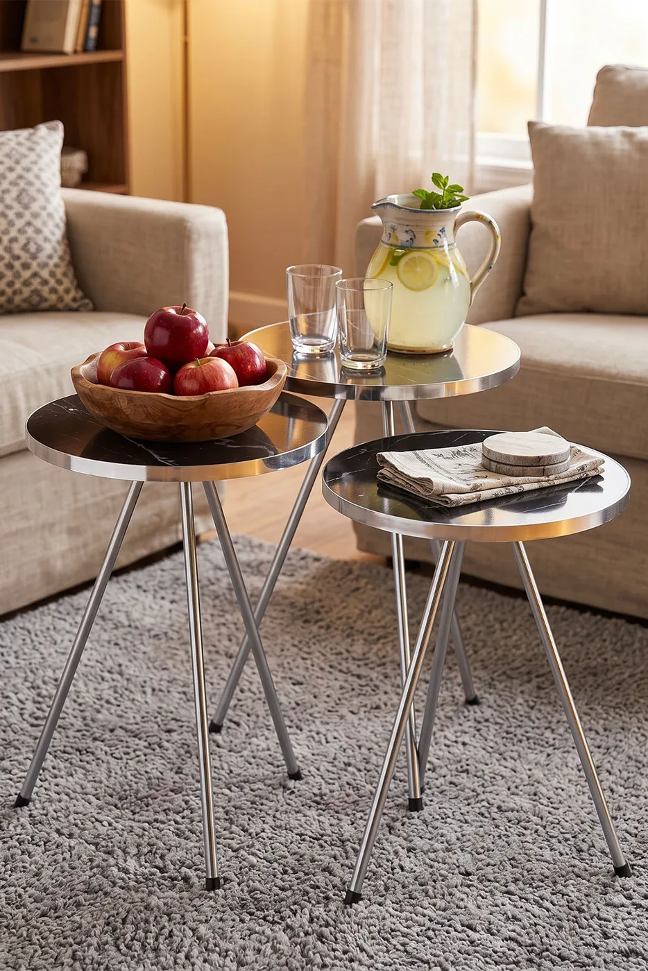 Round Nesting Table Set Gold Metal Legs - Black