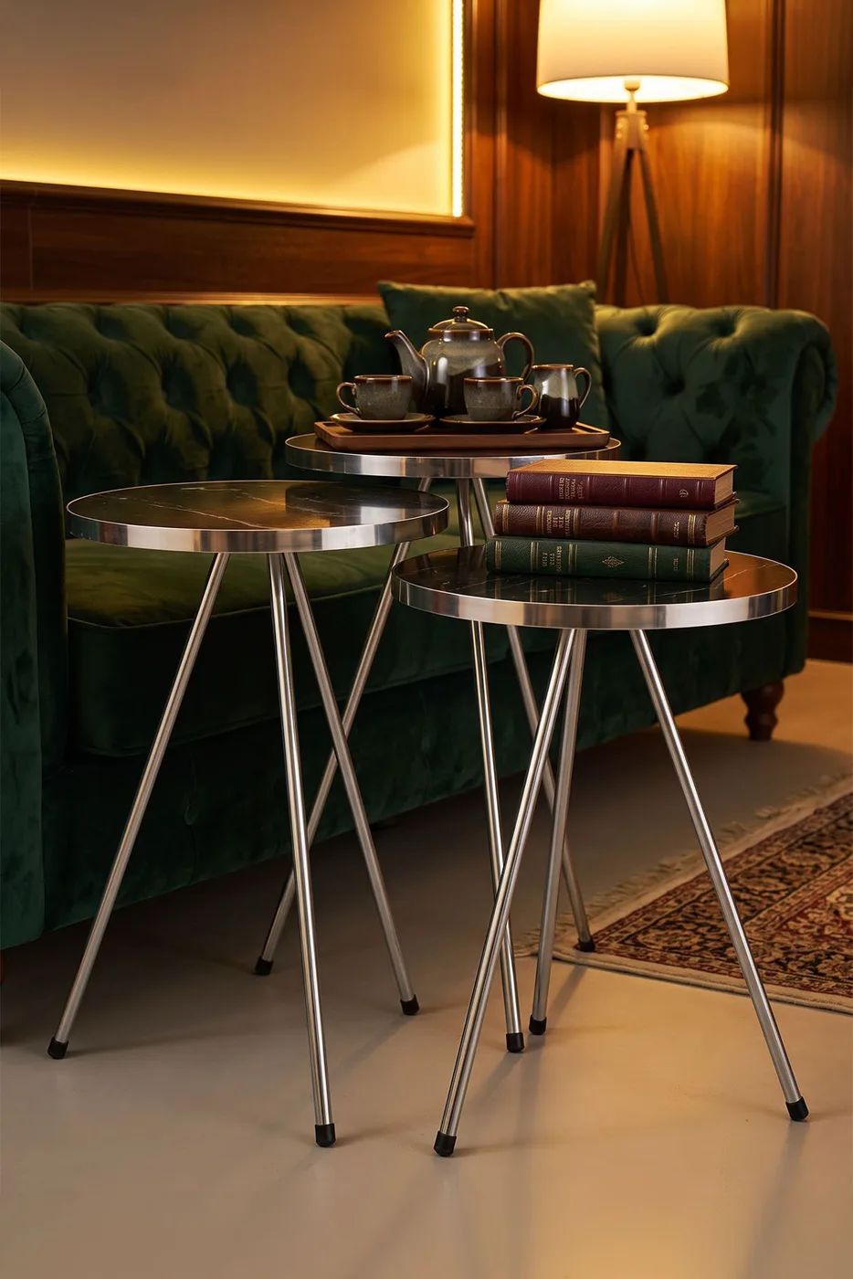Round Nesting Table Set Gold Metal Legs - Black
