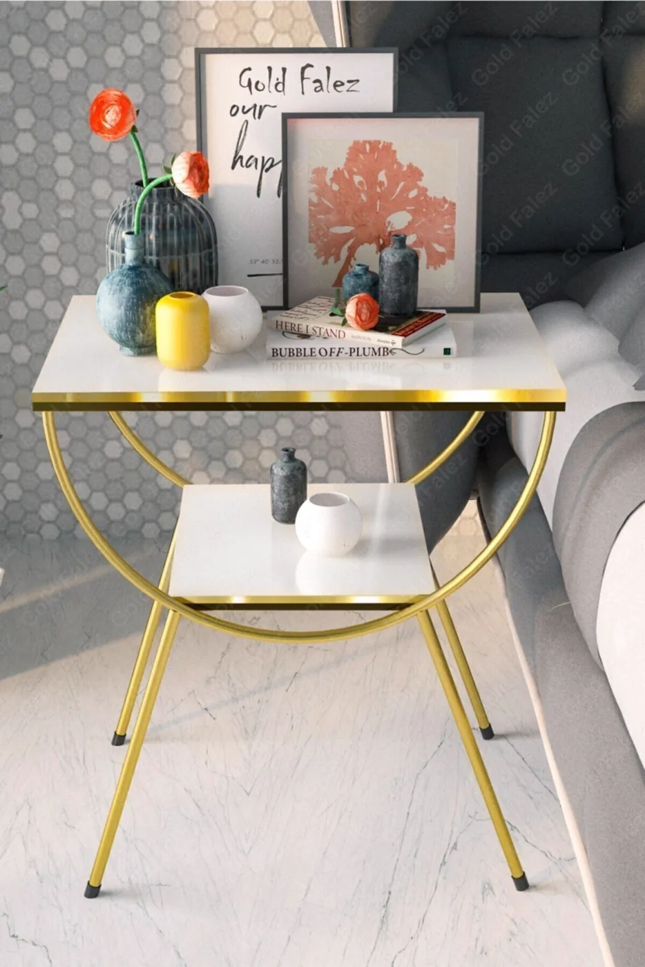 Arc Metal Leg Rectangular Side Table - White