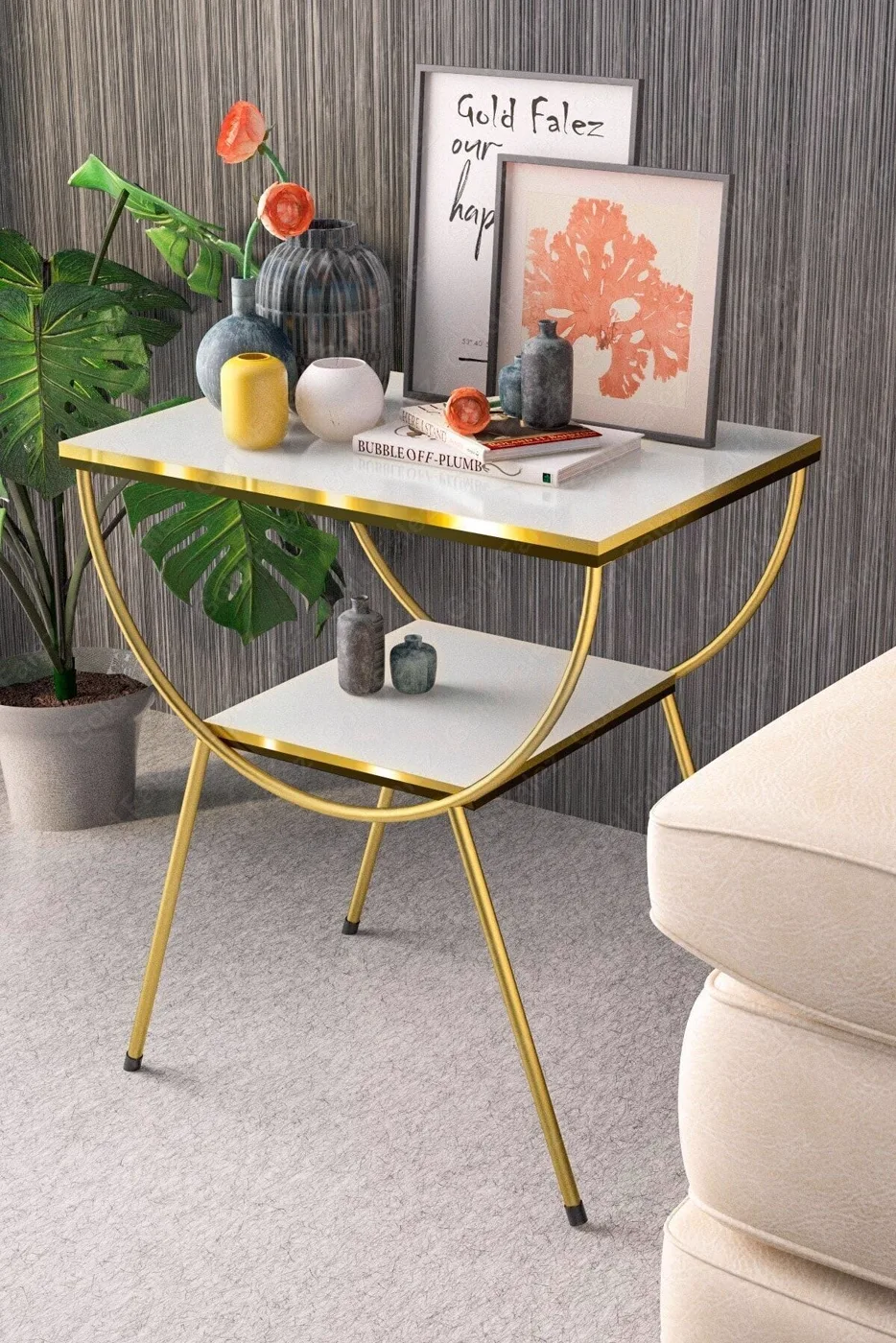 Arc Metal Leg Rectangular Side Table - White