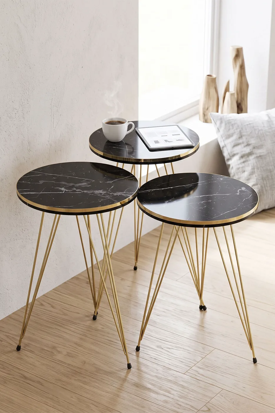 Round Nesting Table Set Gold Wire Legs - Black Marble Effect