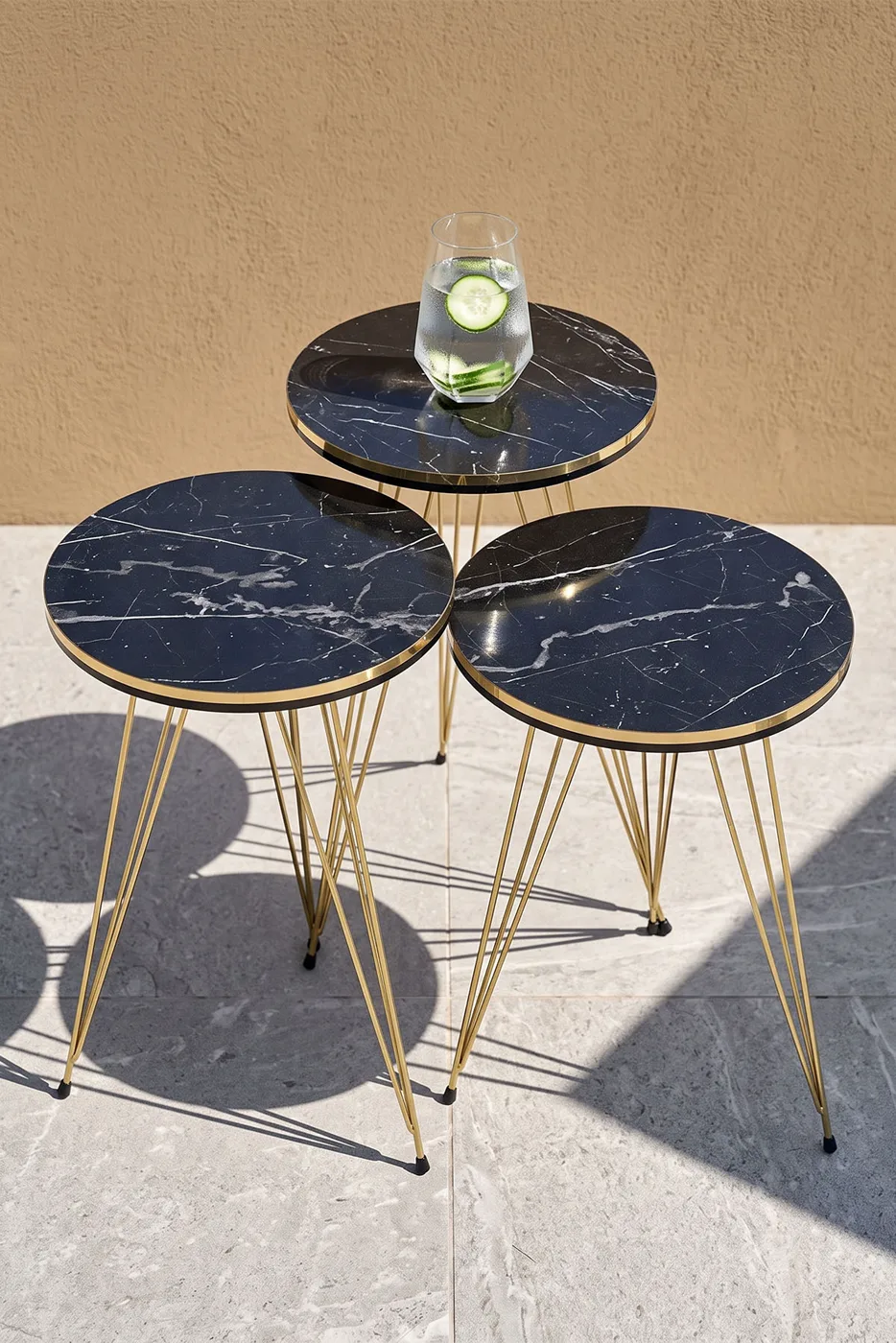 Round Nesting Table Set Gold Wire Legs - Black Marble Effect