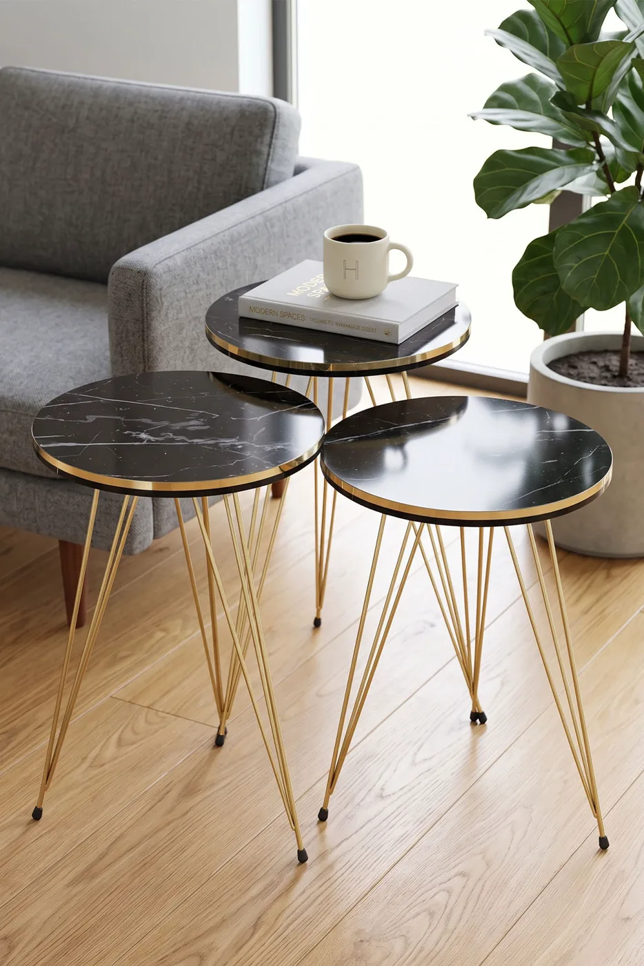 Round Nesting Table Set Gold Wire Legs - Black Marble Effect