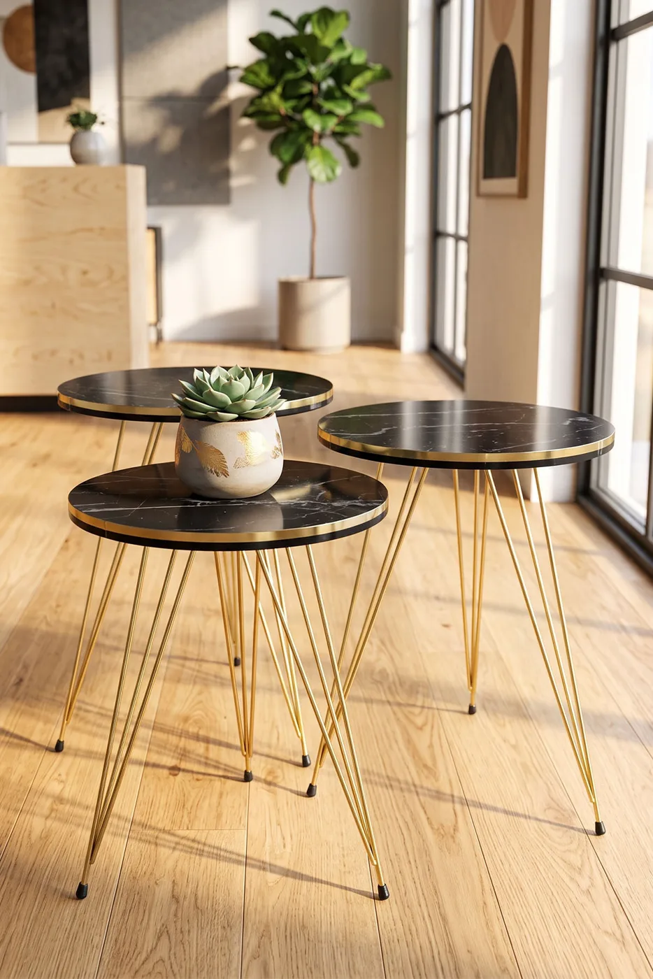 Round Nesting Table Set Gold Wire Legs - Black Marble Effect