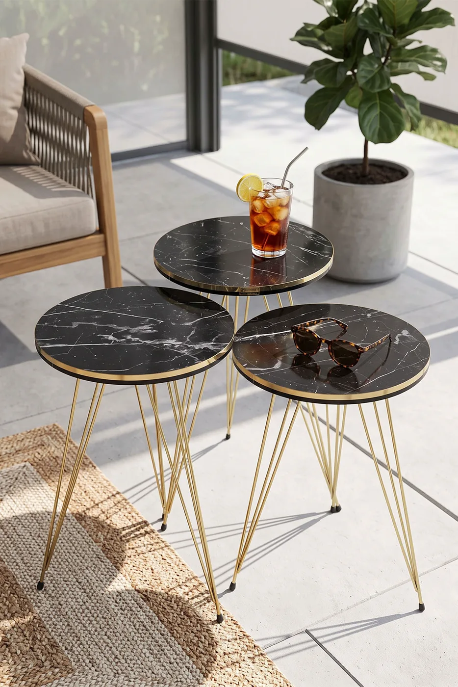 Round Nesting Table Set Gold Wire Legs - Black Marble Effect