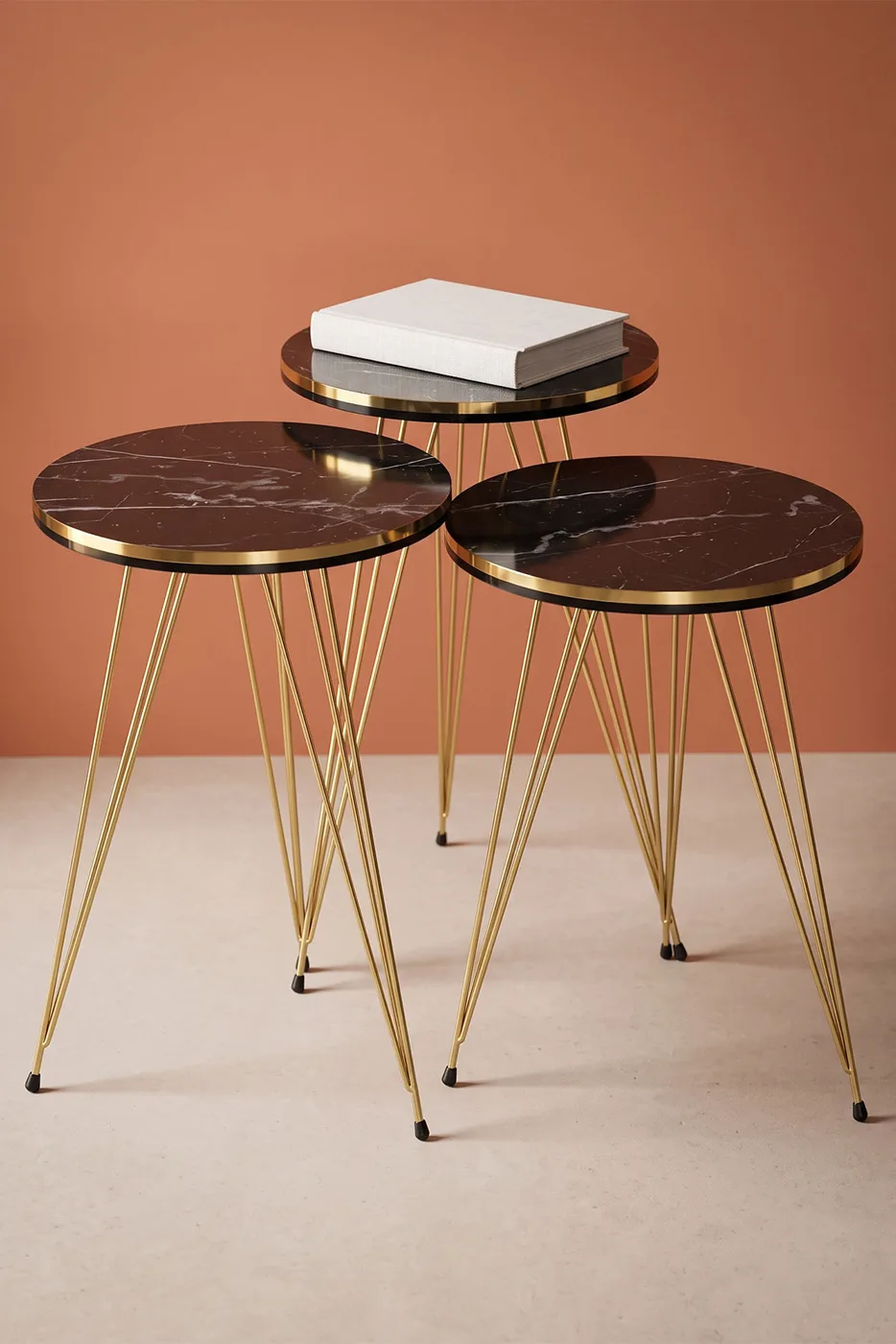 Round Nesting Table Set Gold Wire Legs - Black Marble Effect