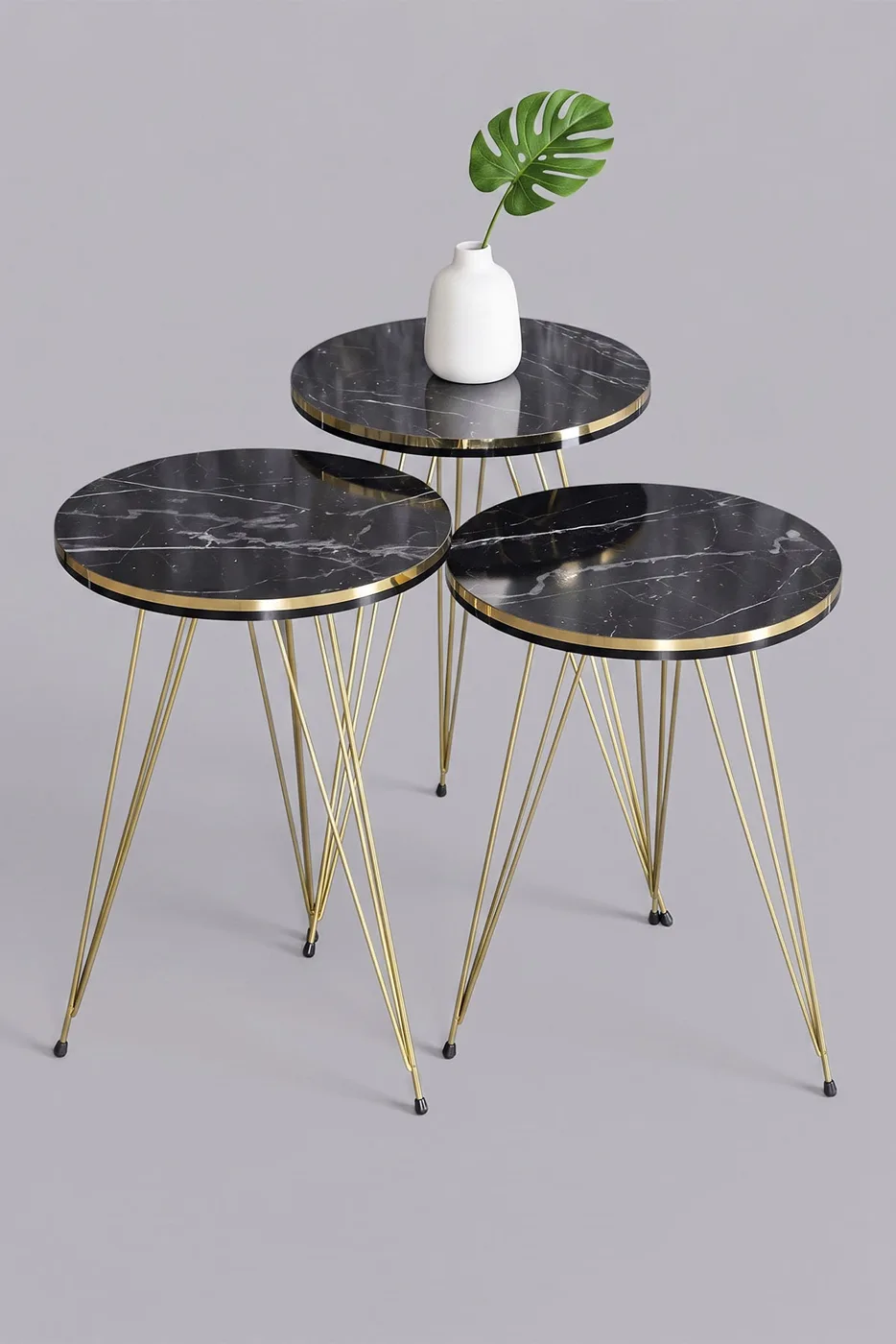 Round Nesting Table Set Gold Wire Legs - Black Marble Effect