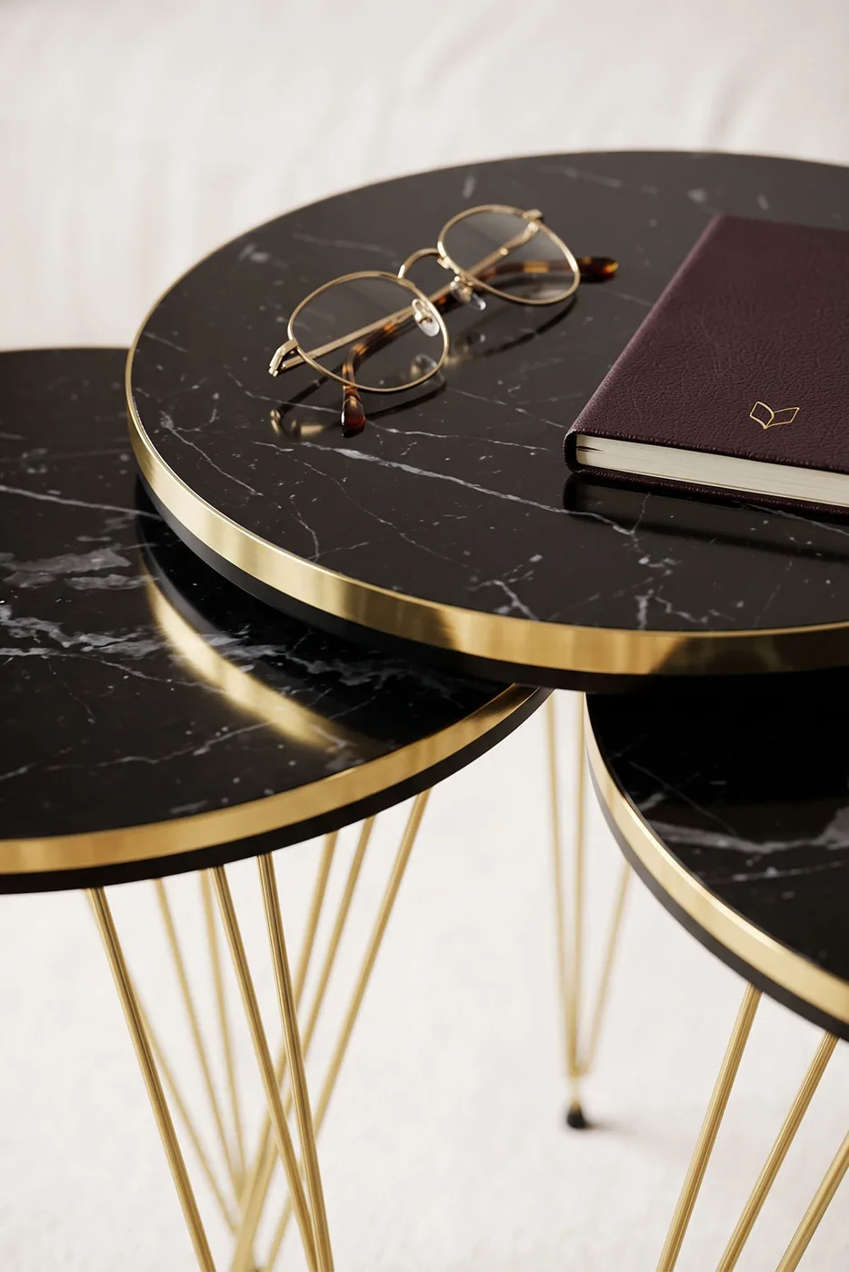 Round Nesting Table Set Gold Wire Legs - Black Marble Effect