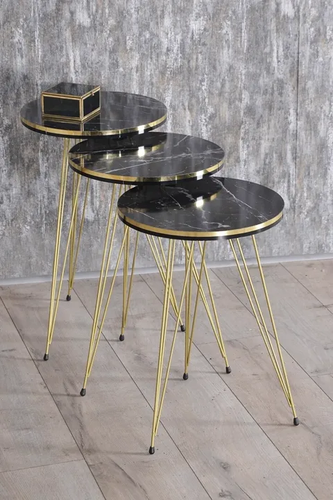 Round 4-Piece Table Set Gold Wire Legs - Black Marble Effect