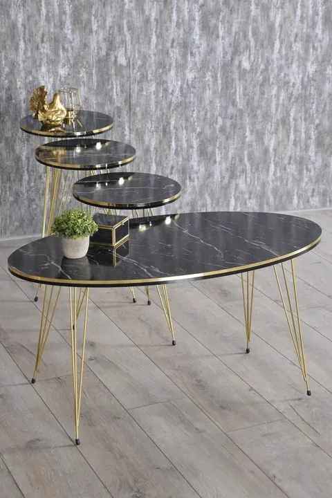 Round 4-Piece Table Set Gold Wire Legs - Black Marble Effect