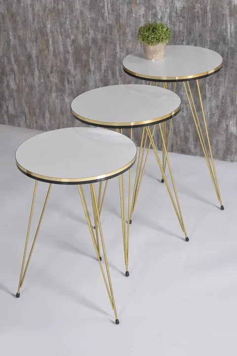 Round 4-Piece Table Set Gold Wire Legs - White