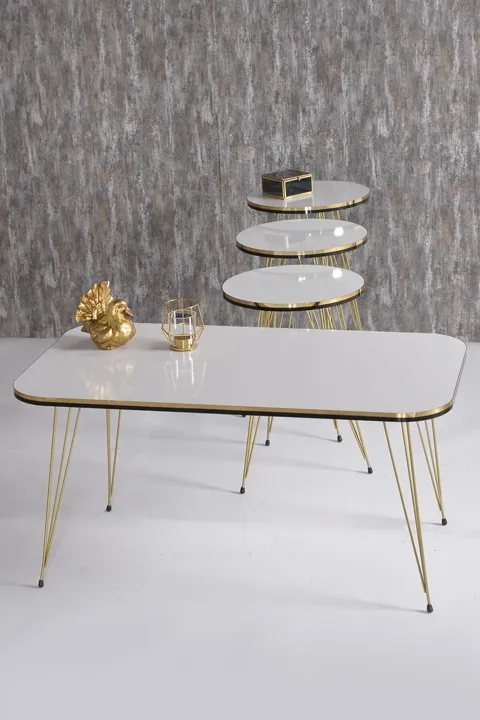 Round 4-Piece Table Set Gold Wire Legs - White