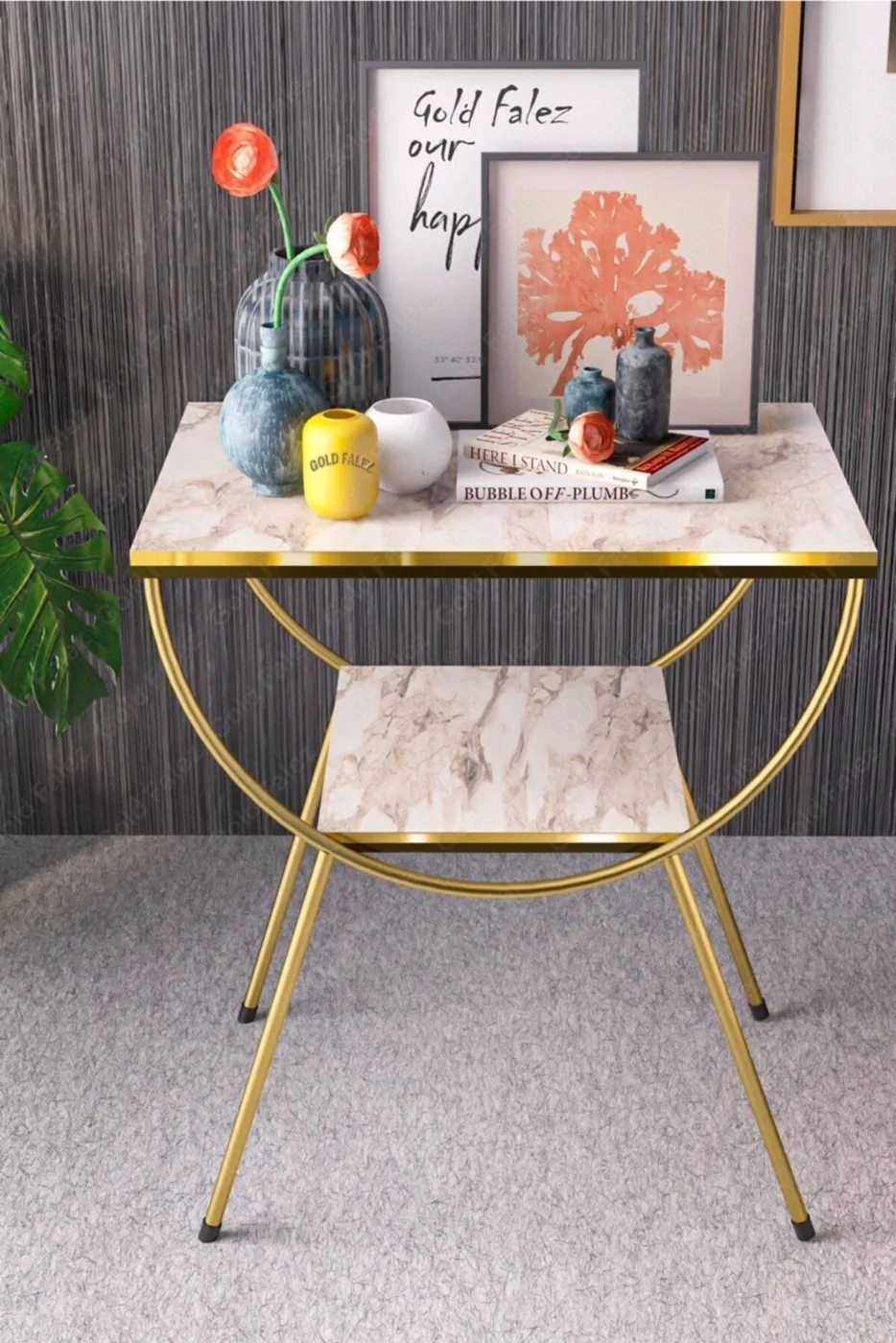 Arc Metal Leg Rectangular Side Table - White Marble Effect