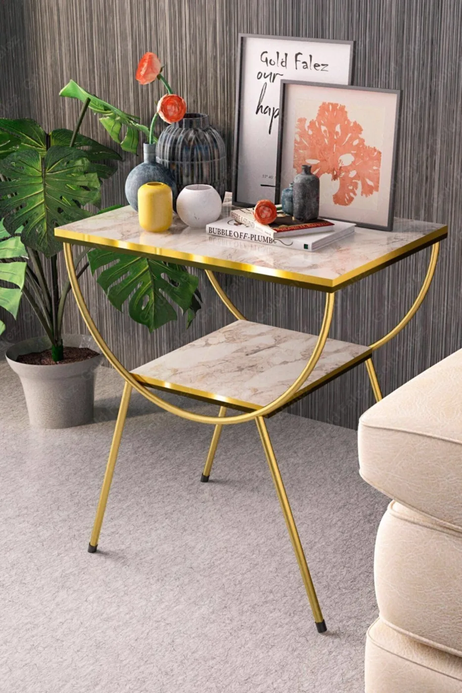 Arc Metal Leg Rectangular Side Table - White Marble Effect