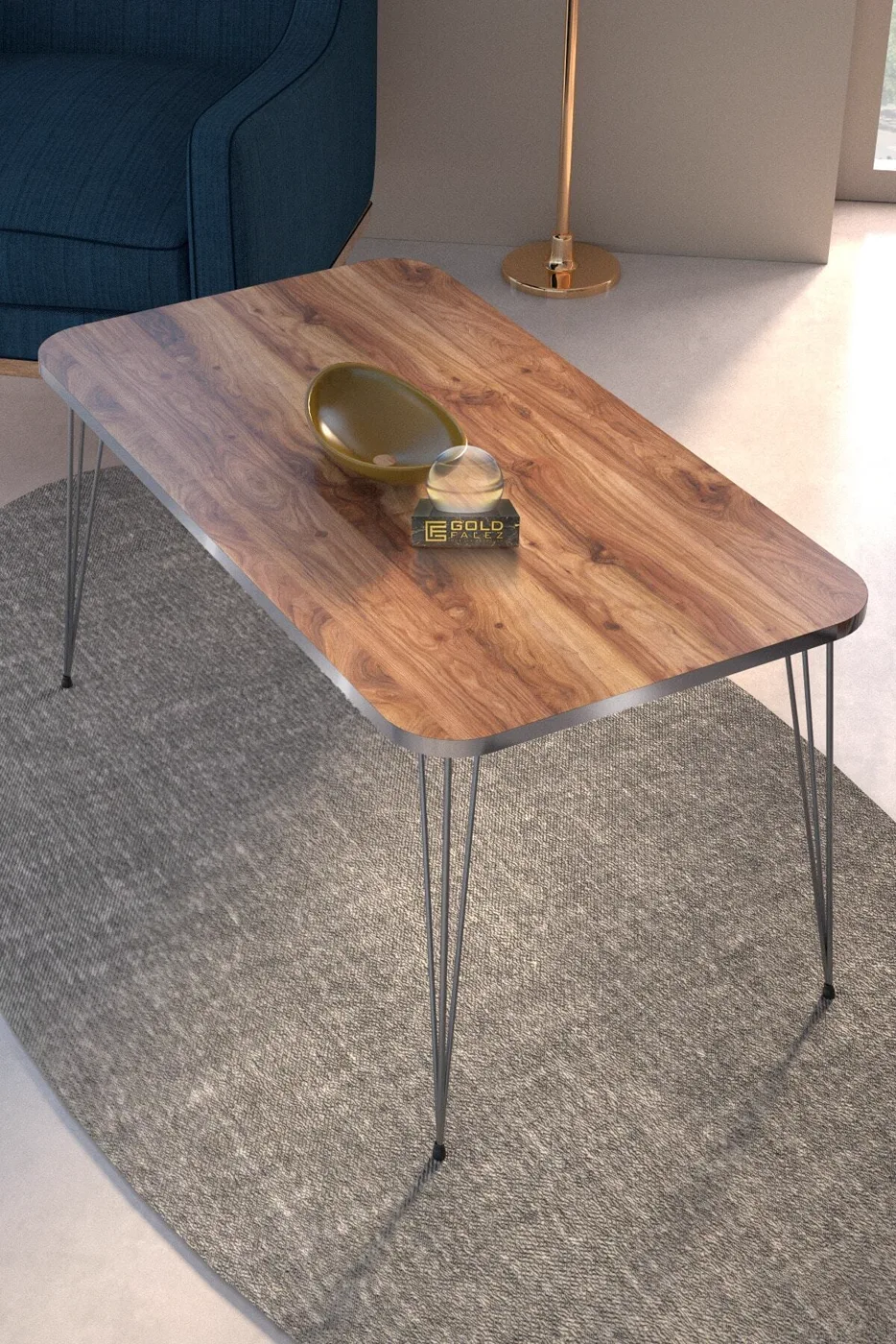 Rectangular Coffee Table Gold Wire Legs - Walnut