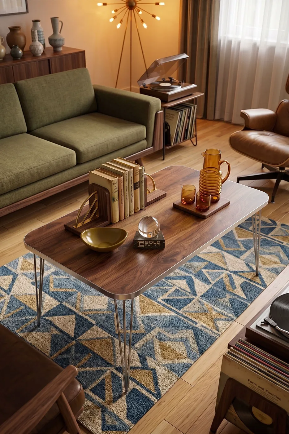 Rectangular Coffee Table Gold Wire Legs - Walnut