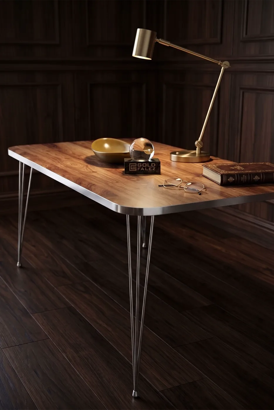 Rectangular Coffee Table Gold Wire Legs - Walnut