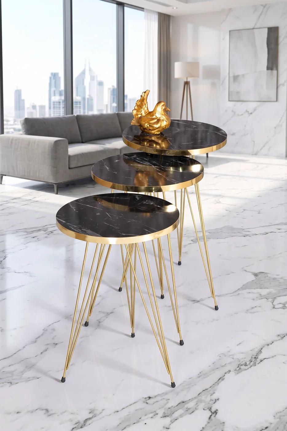Round Nesting Table Set Gold Wire Legs - Black Marble Effect