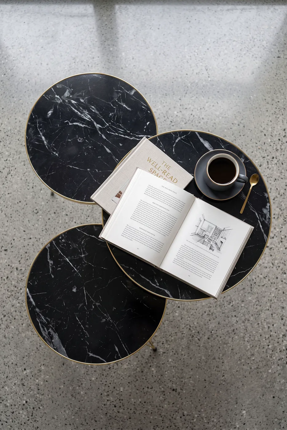 Round Nesting Table Set Gold Wire Legs - Black Marble Effect