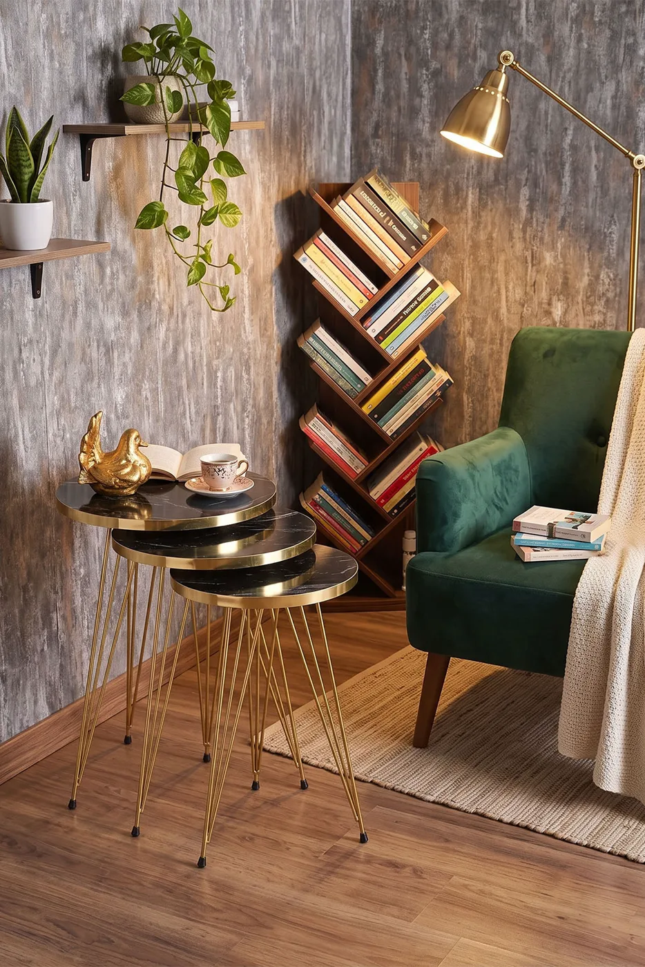 Round Nesting Table Set Gold Wire Legs - Black Marble Effect