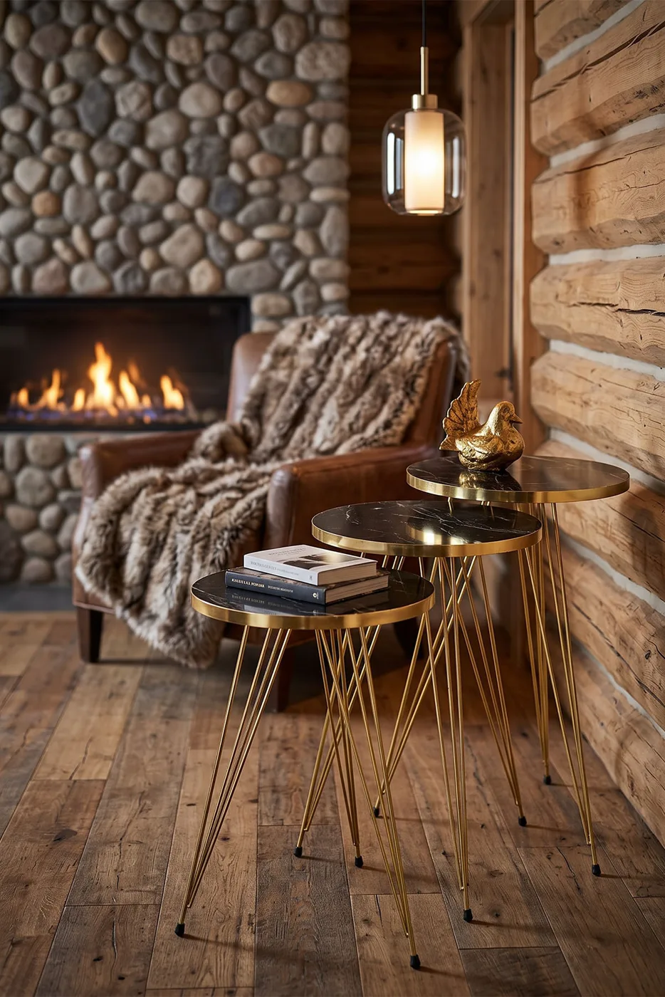 Round Nesting Table Set Gold Wire Legs - Black Marble Effect