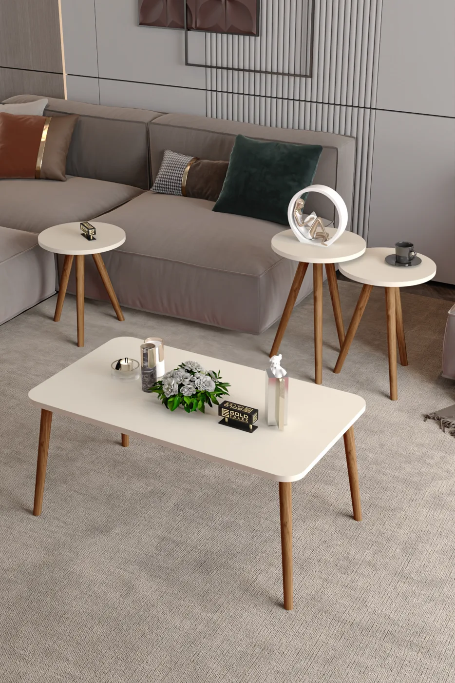 Square Coffee & Nesting Table Set Turned Wooden Legs - Cream
