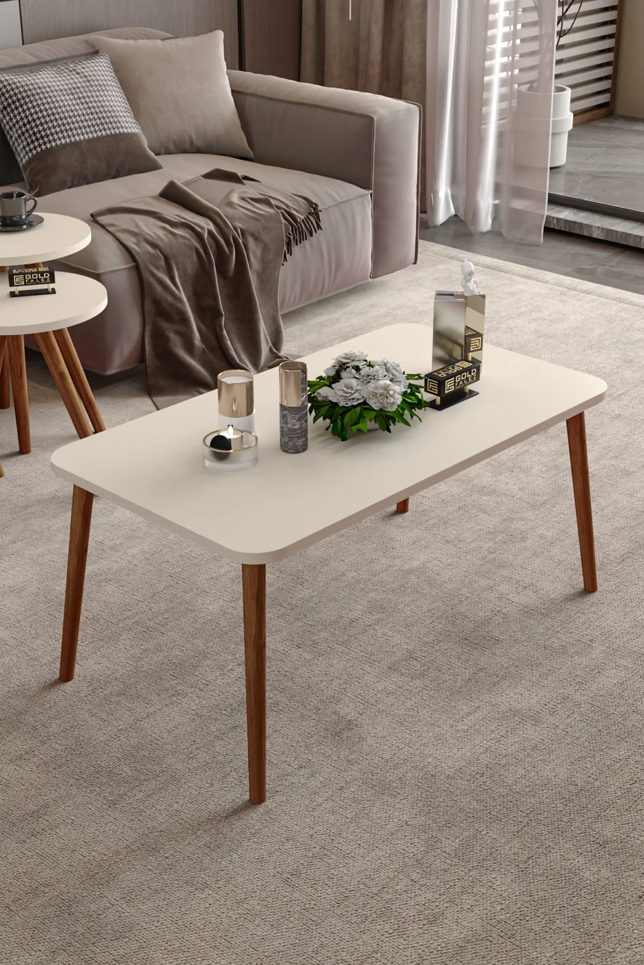 Square Coffee & Nesting Table Set Turned Wooden Legs - Cream