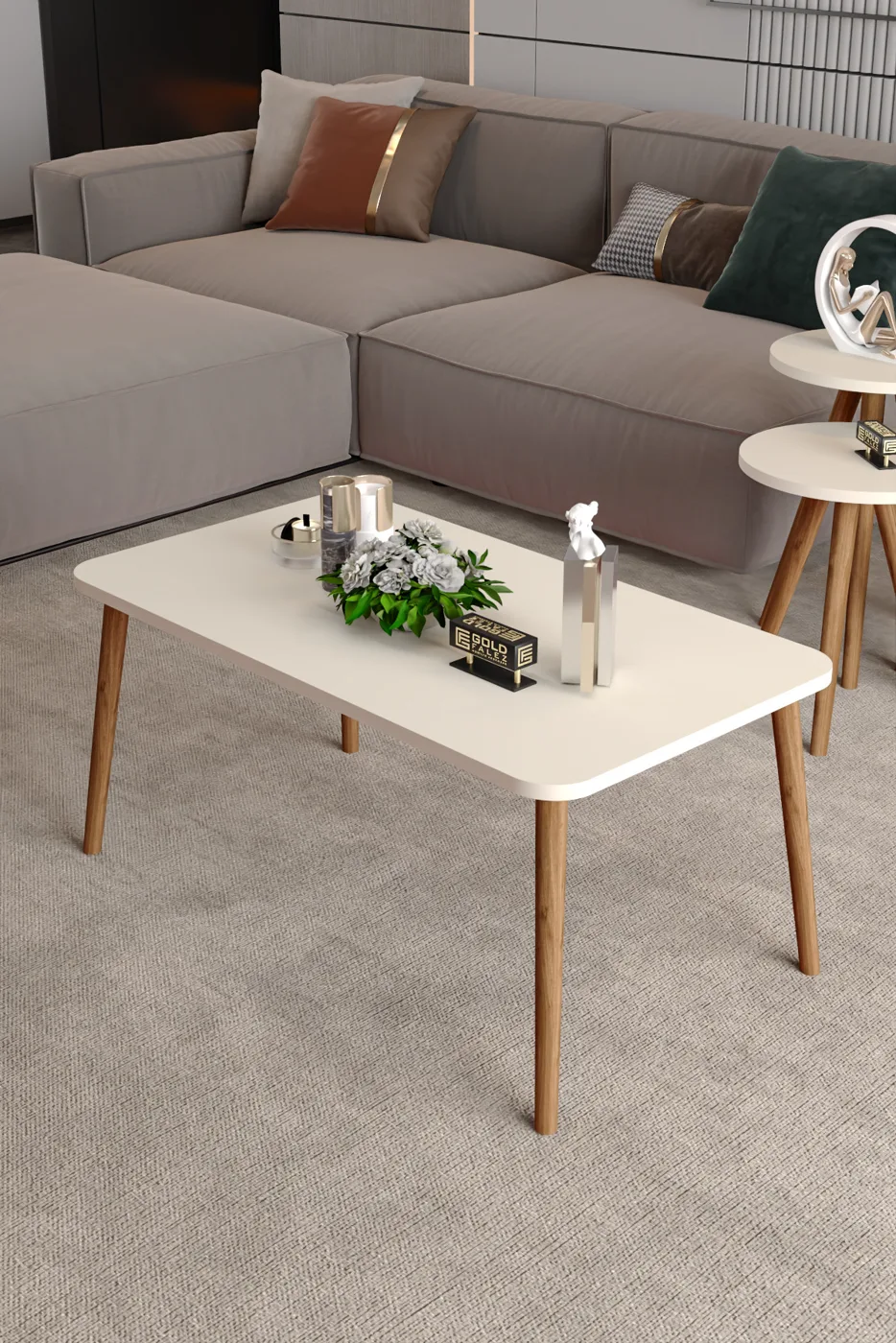 Square Coffee & Nesting Table Set Turned Wooden Legs - Cream