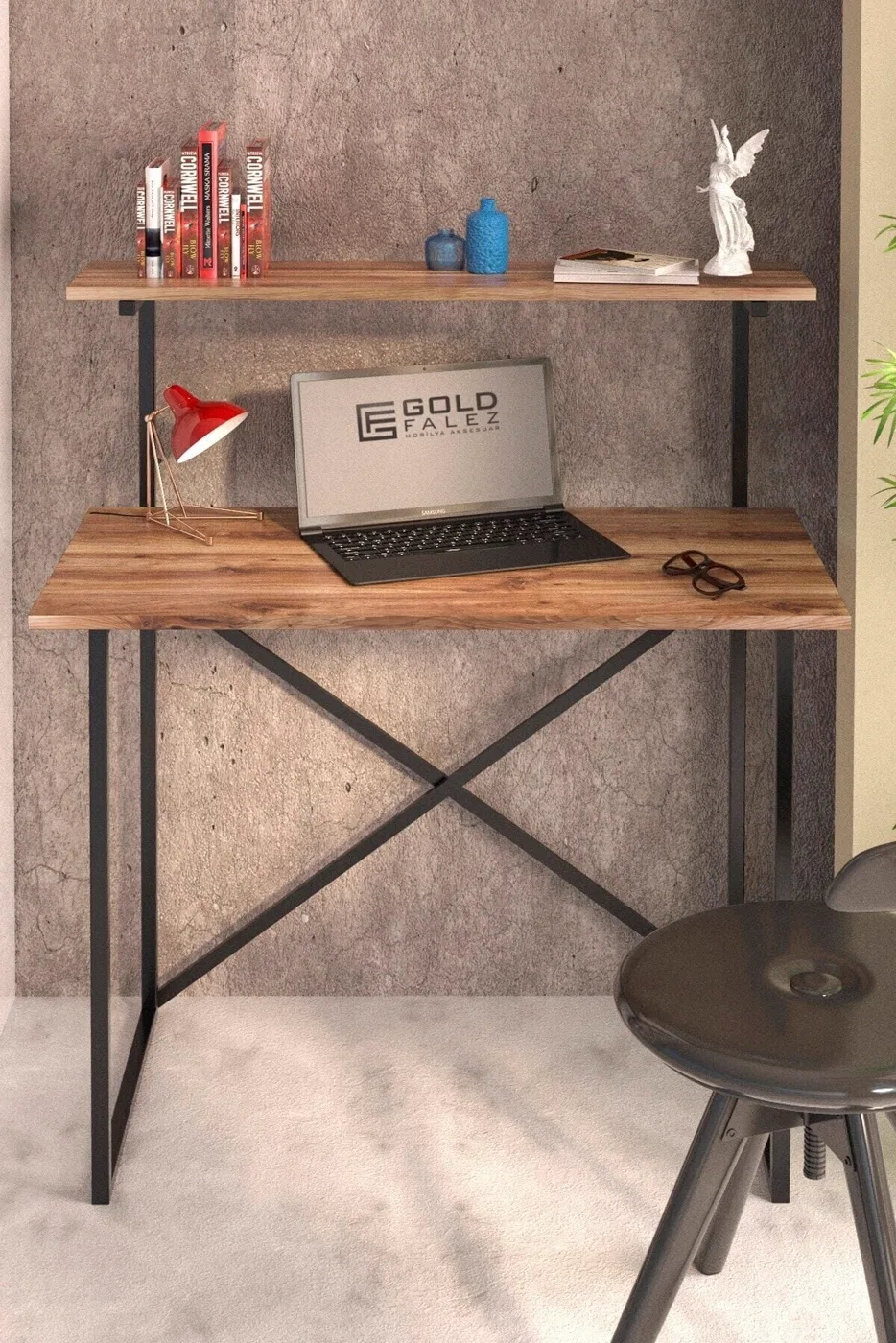 MD Desk with Shelves, Walnut