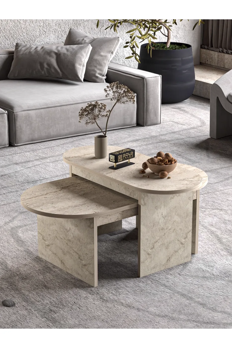 MD Setro 2-Piece Travertine Ecru Coffee Table Set