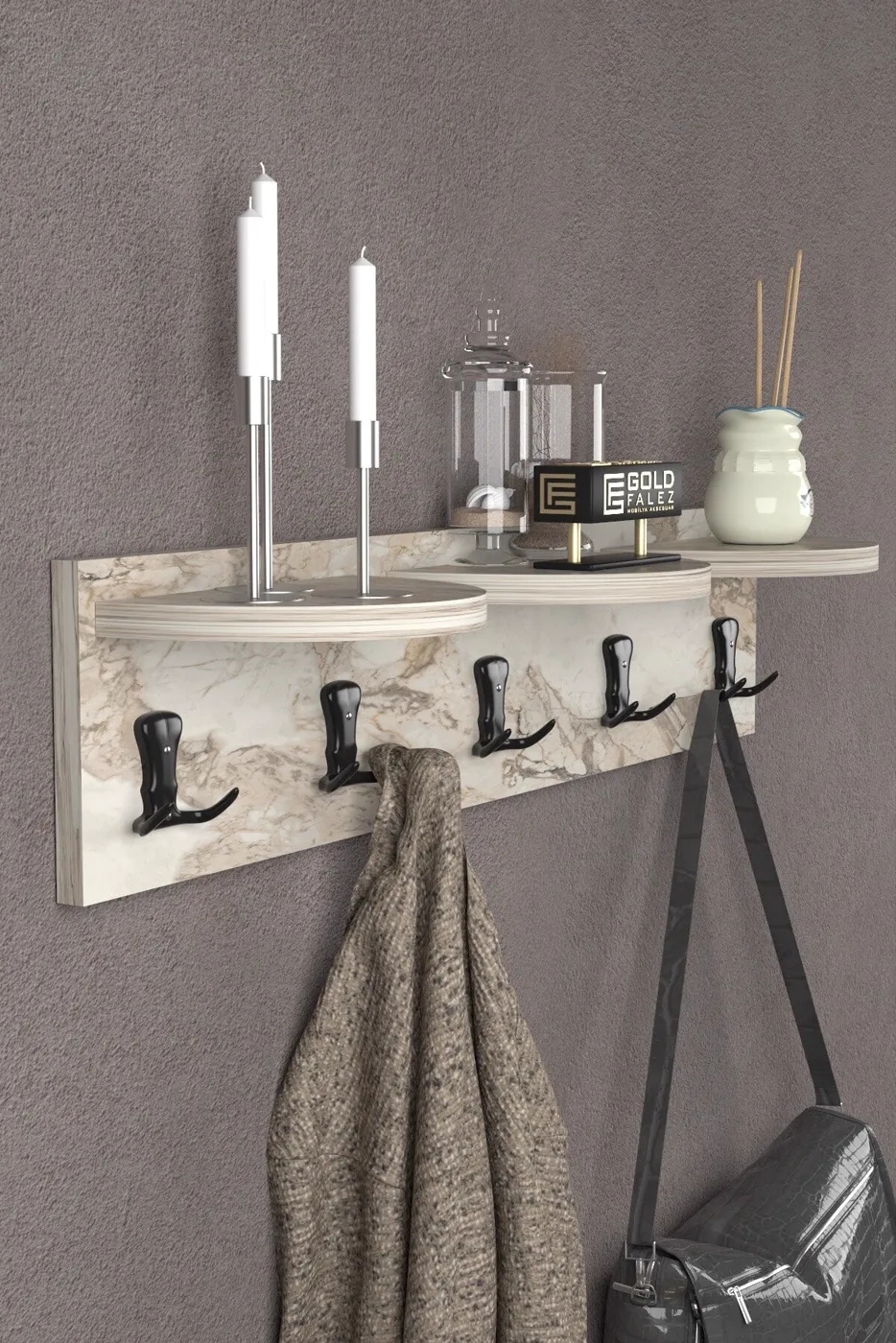 Ilkal 5-Hook Efes White Wall-Mounted Coat Rack 80 cm