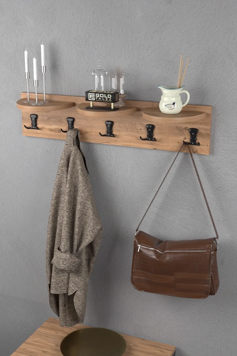 Ilkal 5-Hook Walnut Brown Wall-Mounted Coat Rack 80 cm