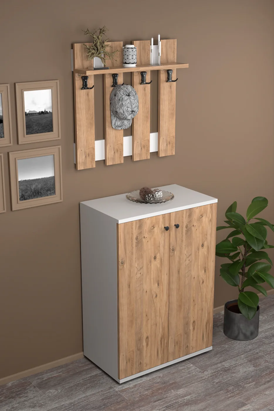 MD Metal Shoe Cabinet Coat Rack Set Pine