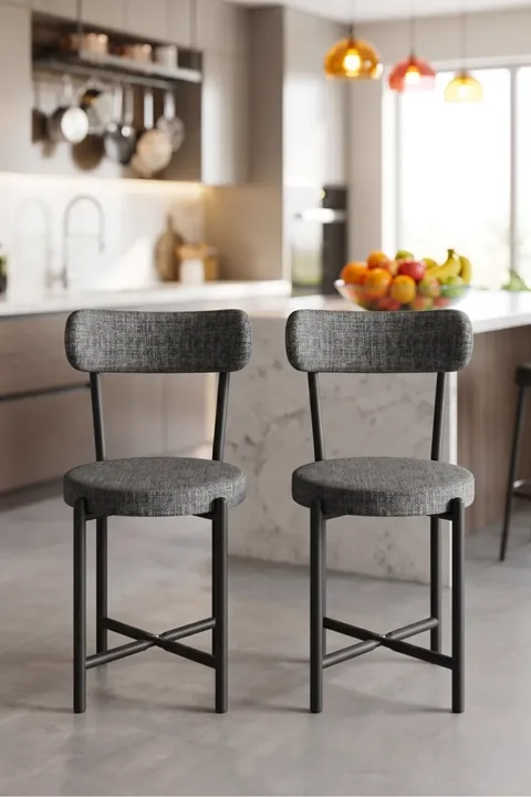 Teddy 9813 Chair 2-Piece Linen Fabric Metal Legs Modern Kitchen Chair Cafe Balcony Office Anthracite