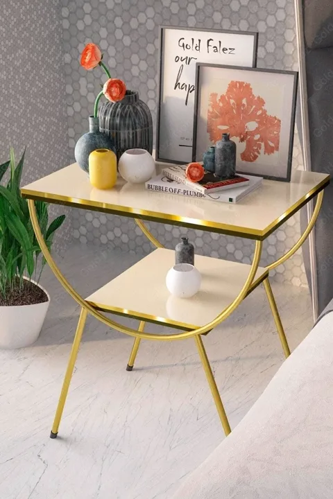 Side Table Bedside Table Metal Legs Dual Gold Cream