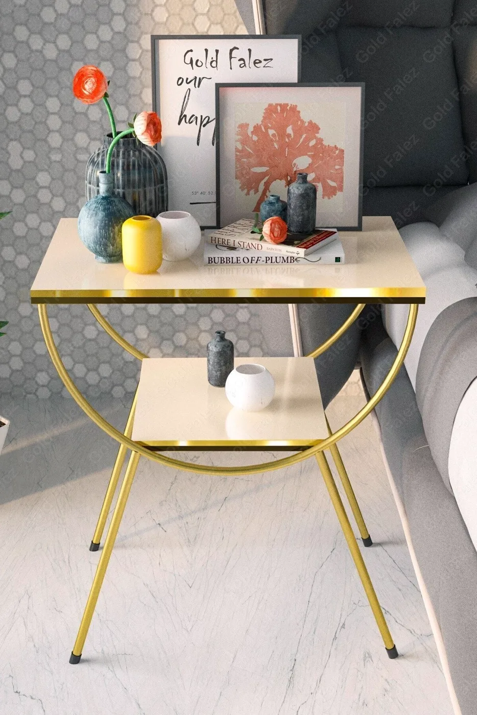 Side Table Bedside Table Metal Legs Dual Gold Cream