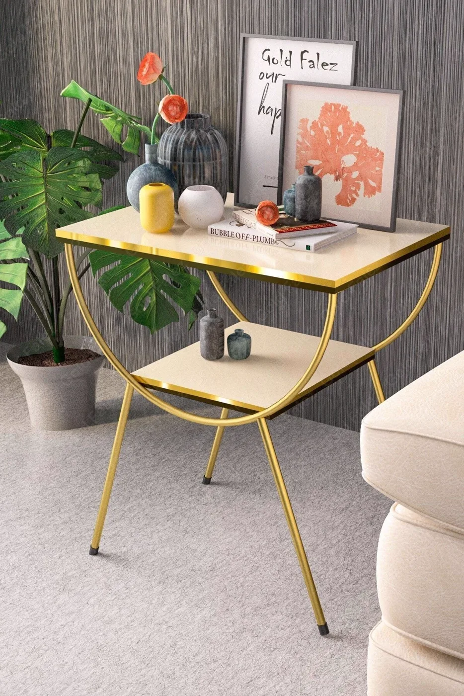 Side Table Bedside Table Metal Legs Dual Gold Cream