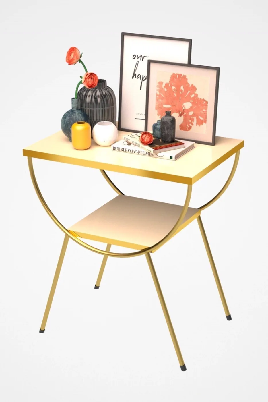 MD Gold Metal Side Table Cream Bedside Table