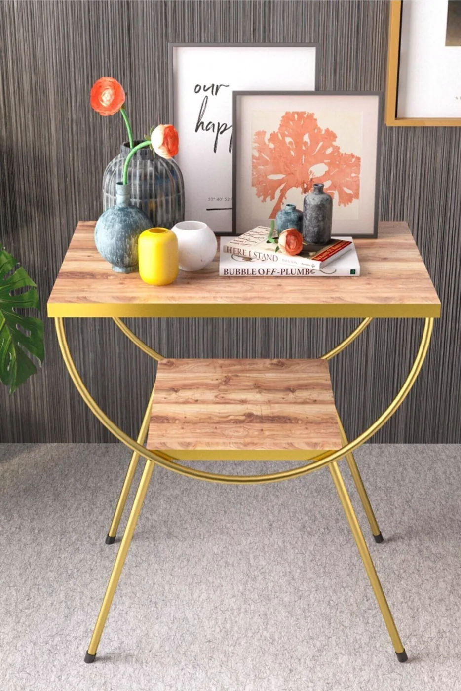 MD Gold Metal Side Table Walnut Bedside Table