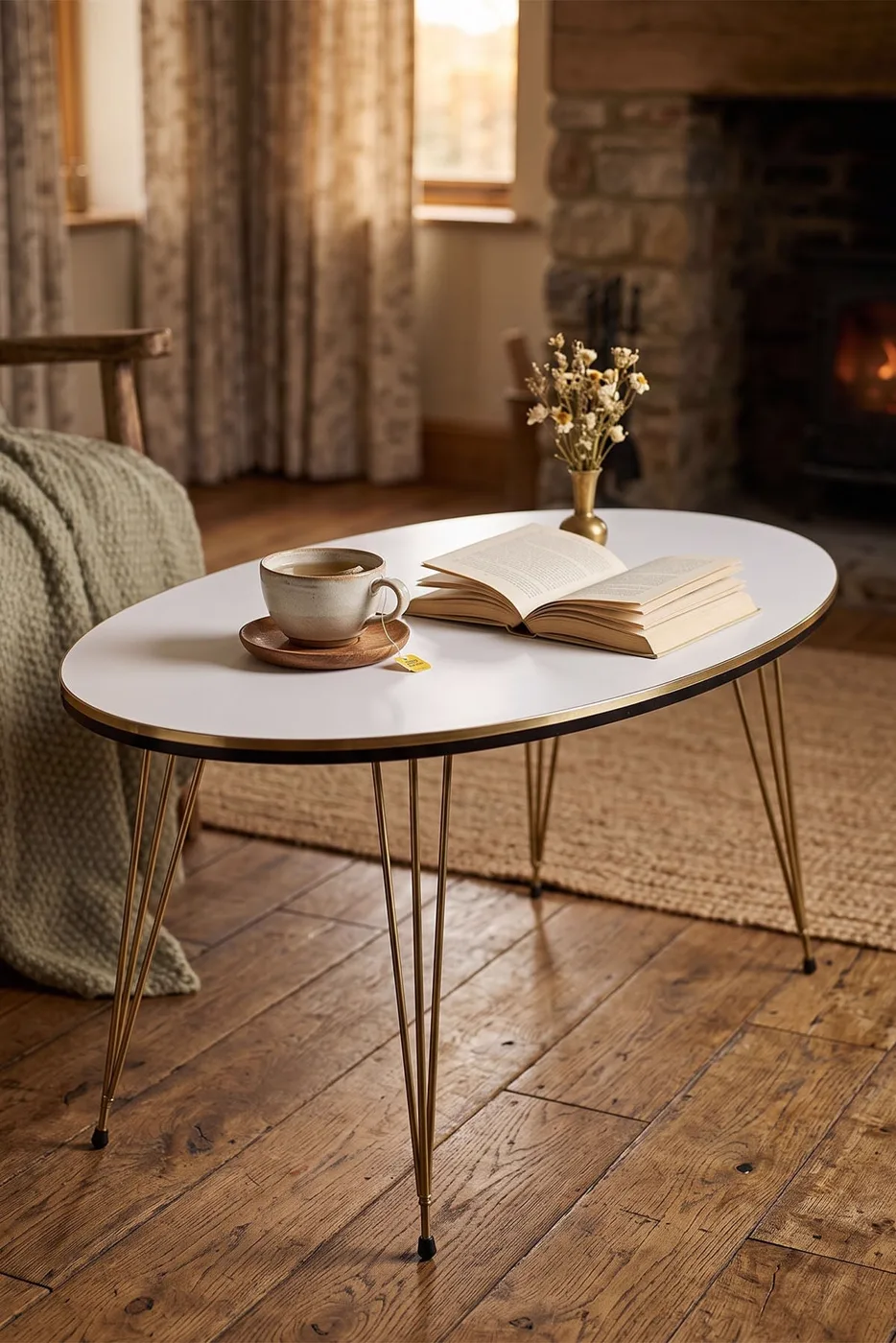 MD Gold Wire Oval Coffee Table, White