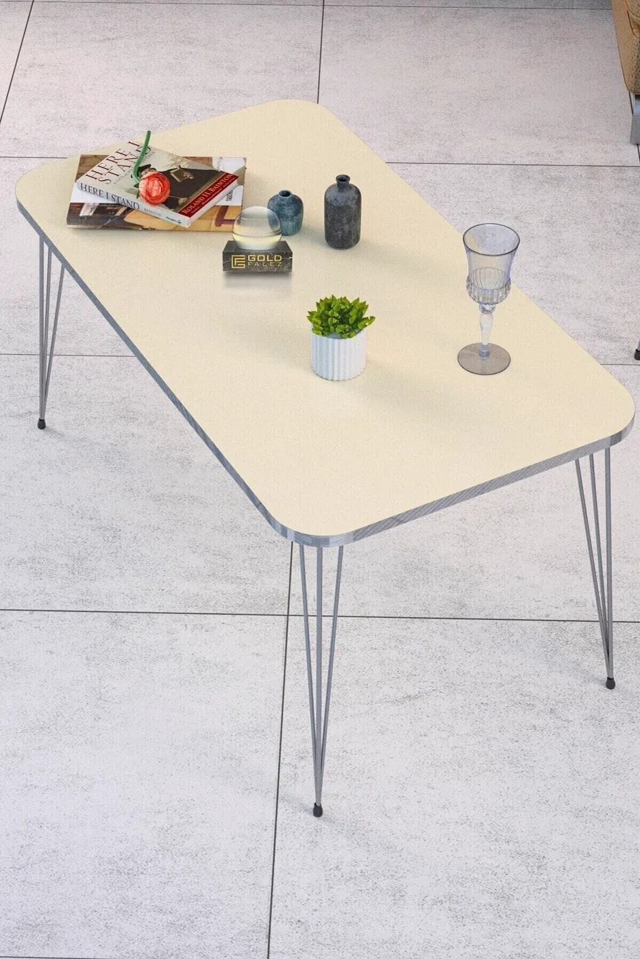 MD Silver Metal Cream Beige Coffee Table