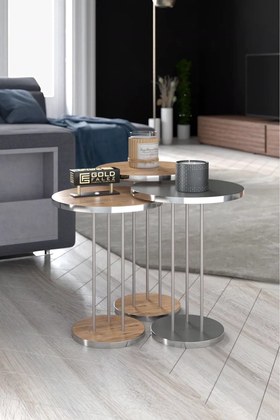 MD Silver Terra Nesting Tables Walnut Anthracite 3-Piece
