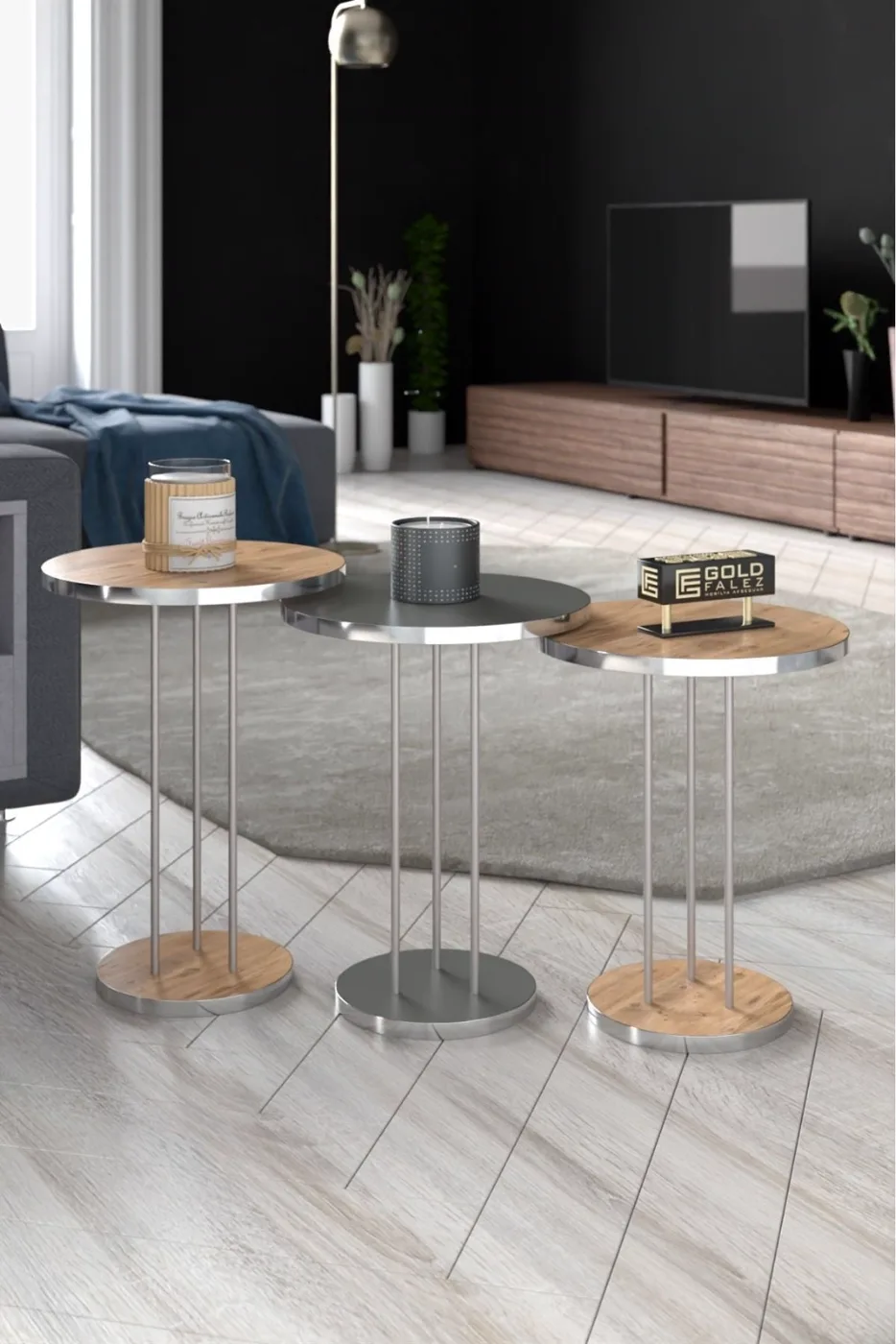 MD Silver Terra Nesting Tables Walnut Anthracite 3-Piece
