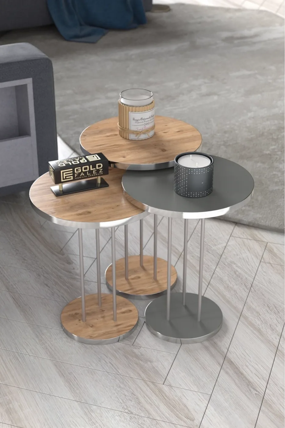MD Silver Terra Nesting Tables Walnut Anthracite 3-Piece