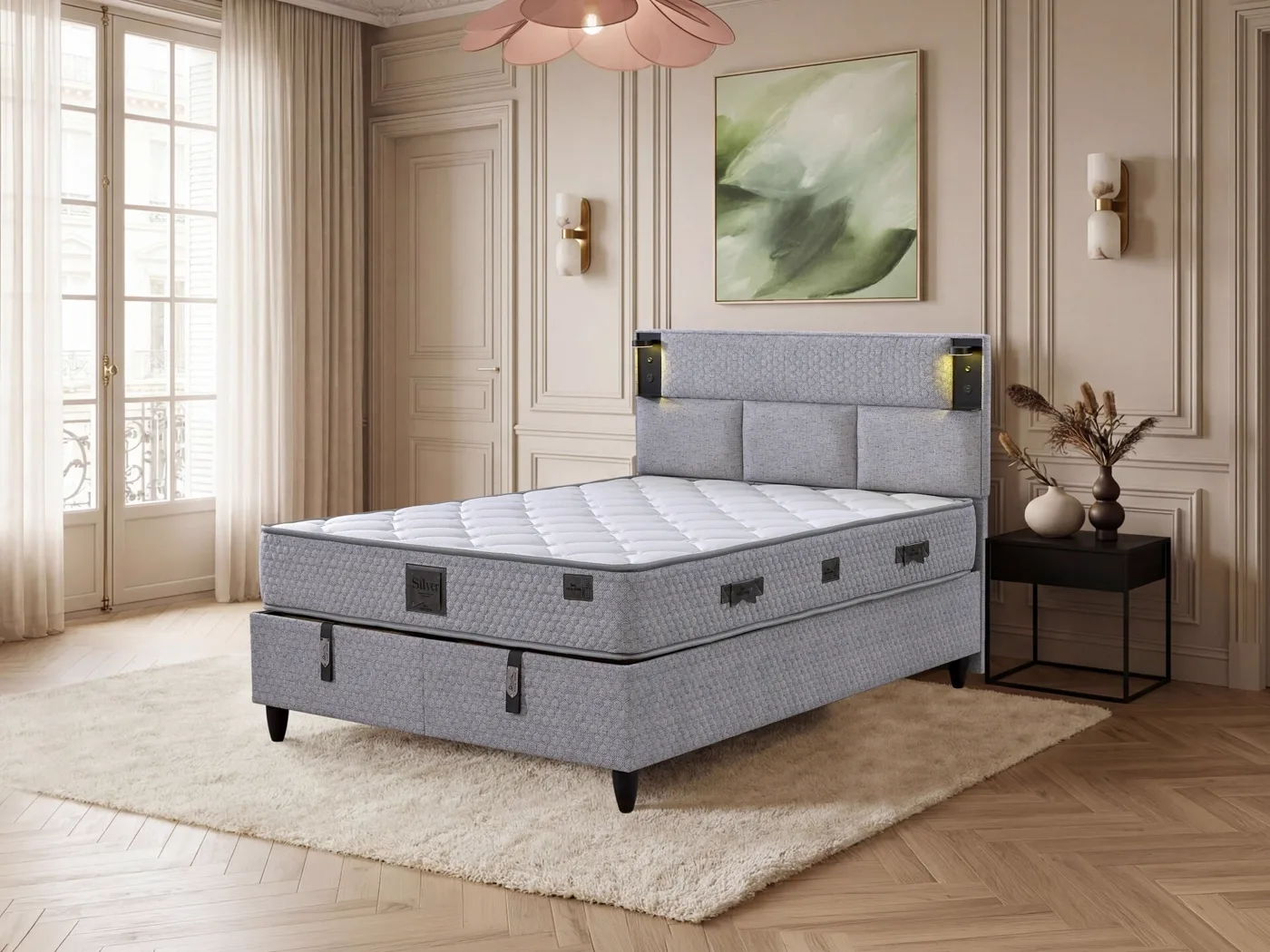 Parma 150x200 Double Mattress, Divan Base, Headboard Set EY3008