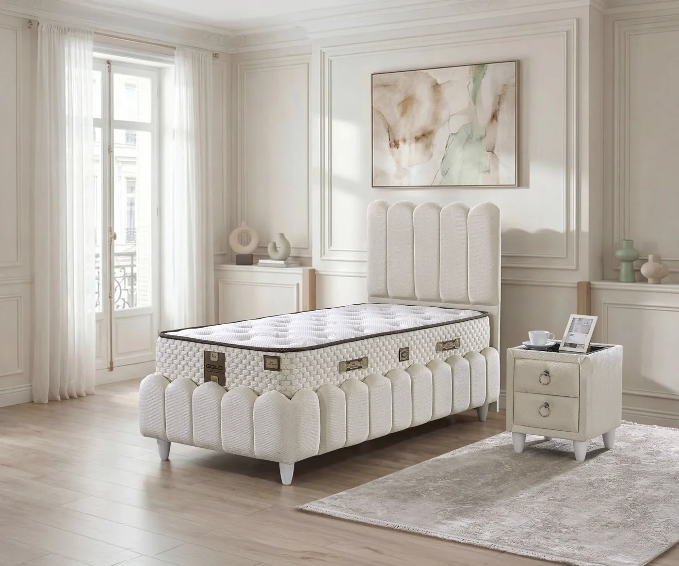 Norin 90x190 eenpersoons matras, boxspring, hoofdbord set EY3006