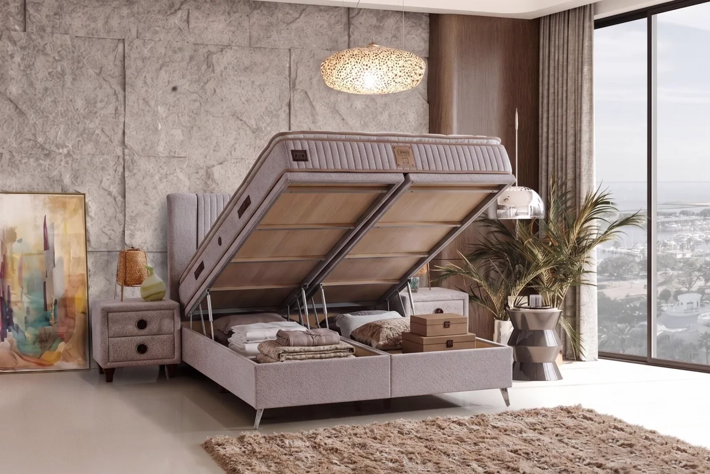 Lucca Sandıklı 150x200 Çift Kişilik Baza, Başlık Seti CP1440