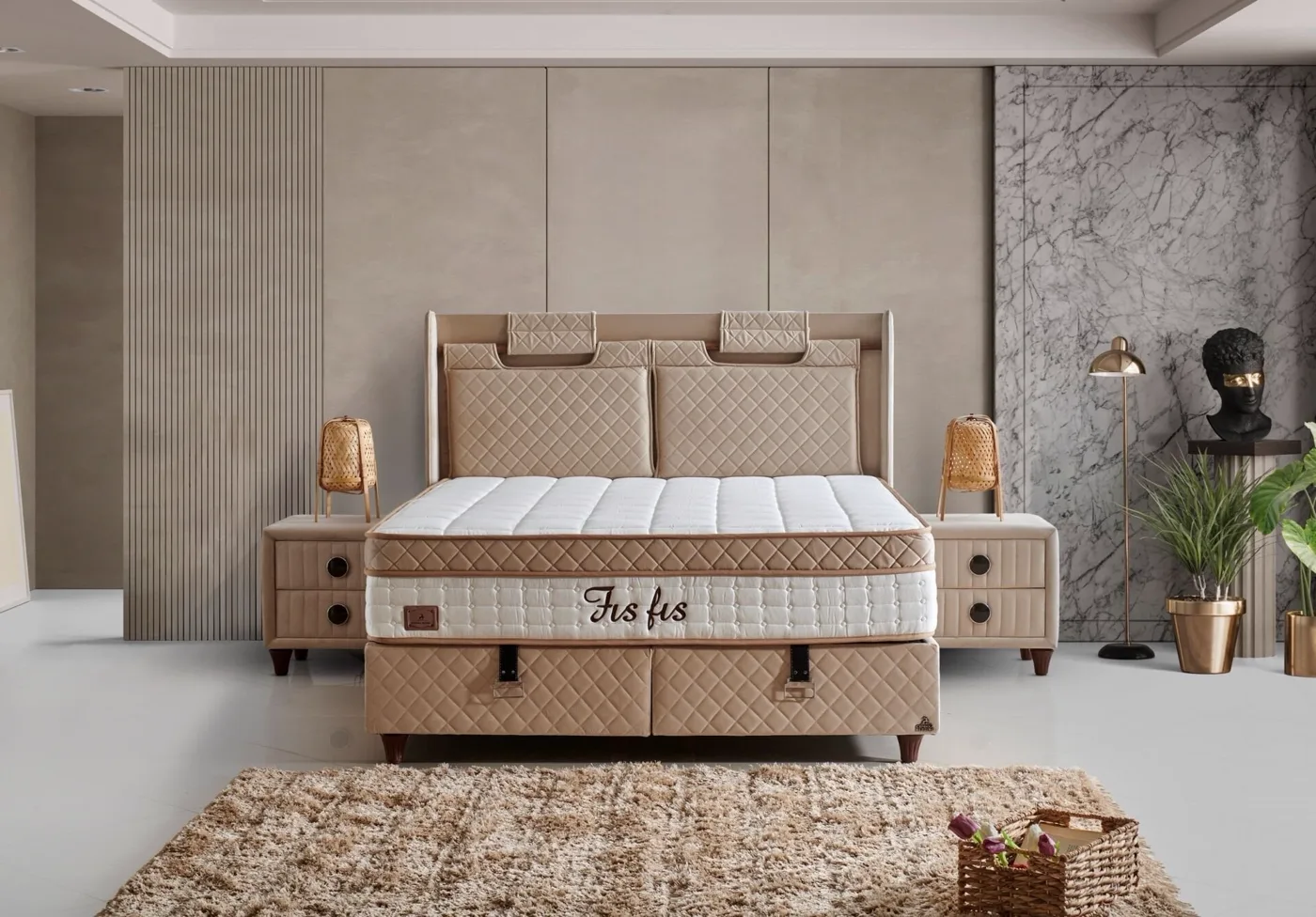 Fisfis Plus 200x200 Double Mattress, Divan Base, Headboard Set CP1030