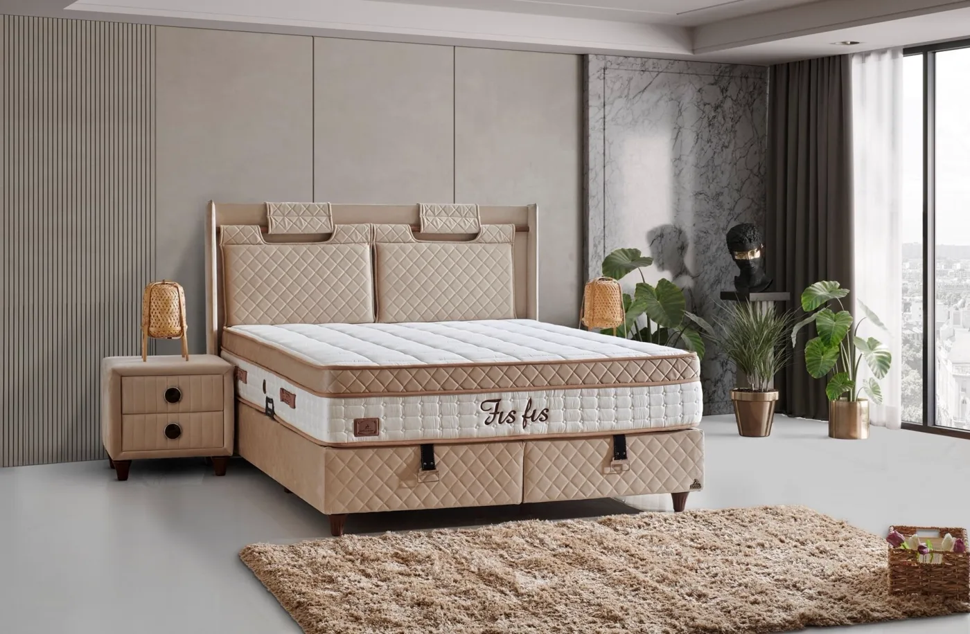 Fisfis Plus 100x200 Single Mattress, Divan Base, Headboard Set CP1030
