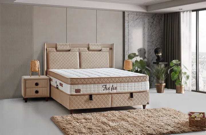 Fisfis Plus 160x200 Double Mattress, Divan Base, Headboard Set CP1030